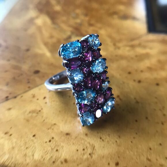 Natural Rhodolite Garnet Blue Zircon Sterling Silver Cocktail Ring Size 5 - Picture 2 of 9